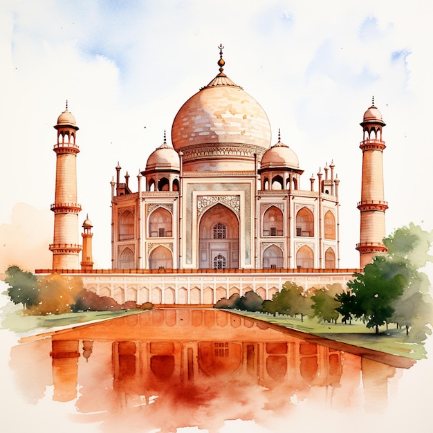 Peinture d'une aquarelle d'un taj mahal en inde générative ai