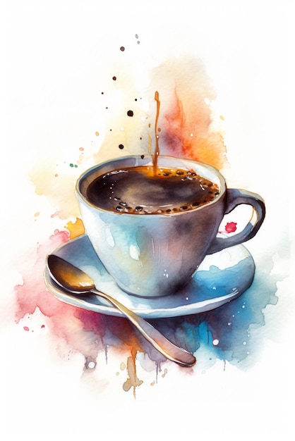 Peinture à l'aquarelle d'une tasse de café avec une cuillère sur la soucoupe.