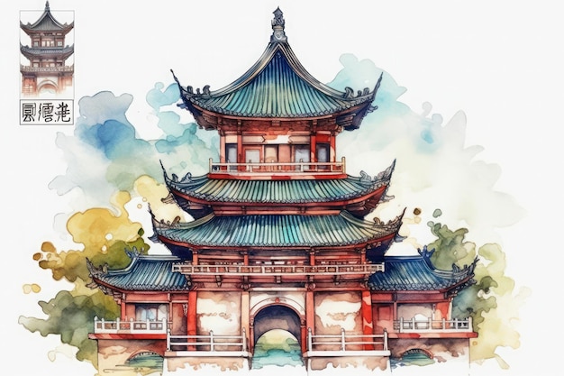 Peinture à l'aquarelle d'un temple en Chine