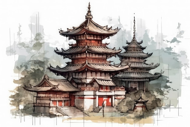 Peinture à l'aquarelle d'un temple japonais