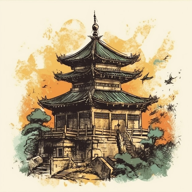 Peinture à l'aquarelle d'un temple majestueux