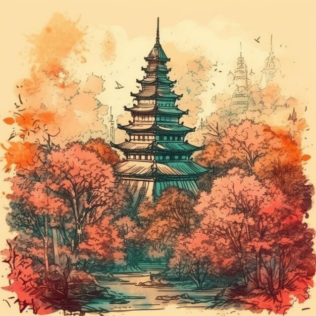 Peinture à l'aquarelle d'un temple majestueux