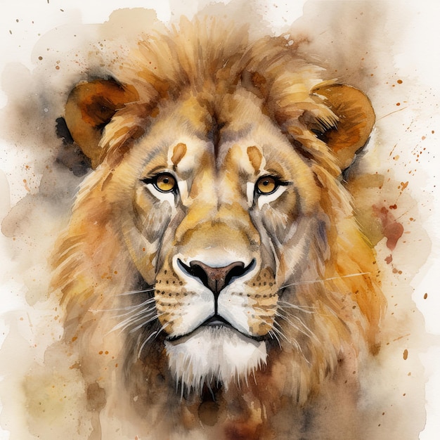 Une peinture à l'aquarelle de la tête d'un élégant lion le roi de la jungle dans des couleurs beige foncé et doré Generative AI