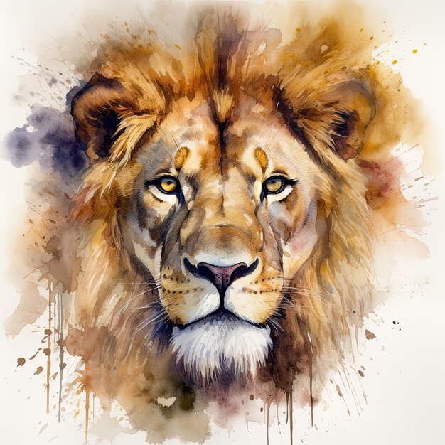 Une peinture à l'aquarelle de la tête d'un élégant lion le roi de la jungle dans des couleurs beige foncé et doré Generative AI