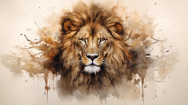 Peinture à l'aquarelle d'une tête de lion dans des tons beige foncé et or Generative AI