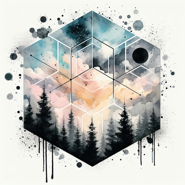 Peinture à l'aquarelle sur toile de motifs d'arbres hexagonaux