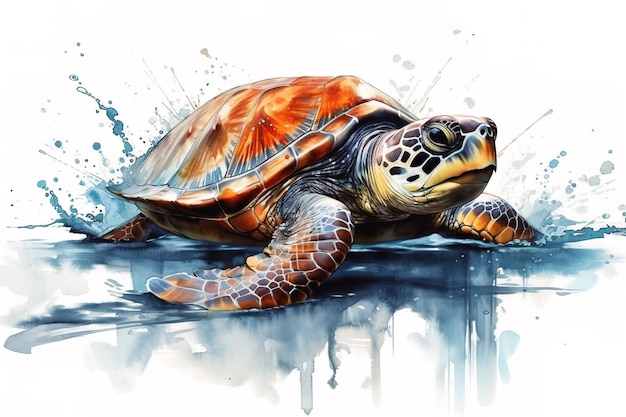 Peinture à l'aquarelle d'une tortue sur fond blanc Illustration d'animaux de la faune IA générative