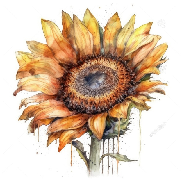 Peinture à l'aquarelle d'un tournesol avec éclaboussures de peinture.