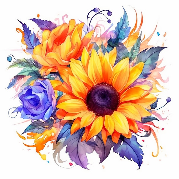 Peinture à l'aquarelle d'un tournesol avec des fleurs bleues et jaunes.