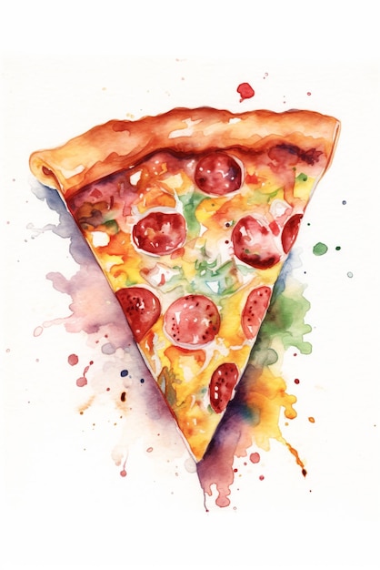 Une peinture à l'aquarelle d'une tranche de pizza avec les mots pizza dessus.