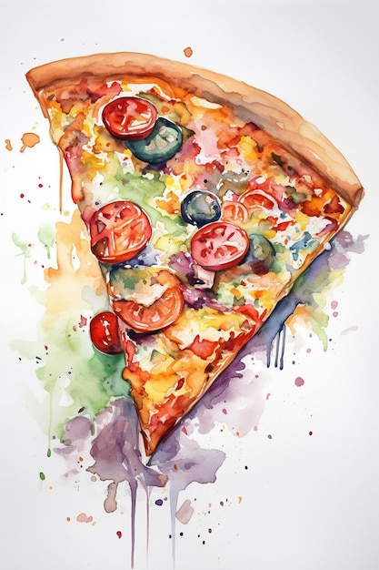 Une peinture à l'aquarelle d'une tranche de pizza.