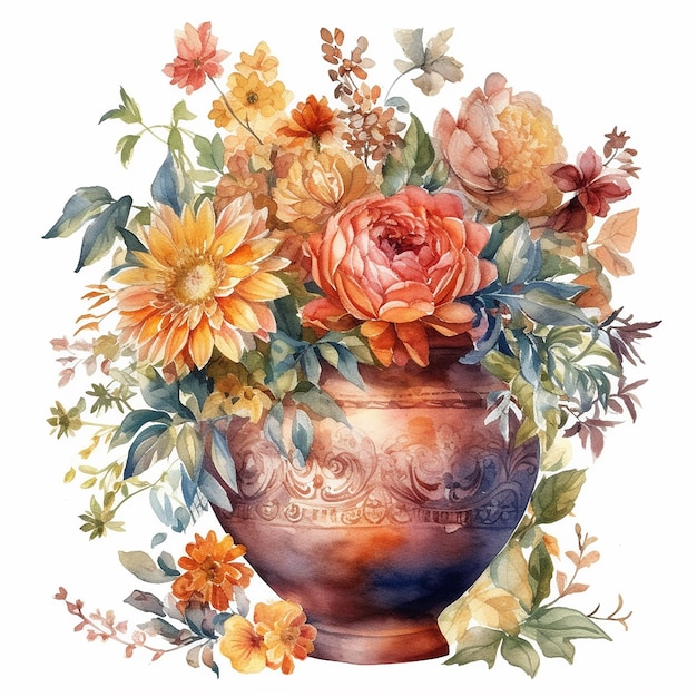 Peinture à l'aquarelle d'un vase avec des fleurs et des feuilles