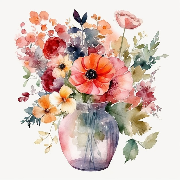 Peinture à l'aquarelle d'un vase avec des fleurs et des feuilles