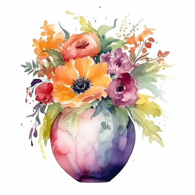 Peinture à l'aquarelle d'un vase avec des fleurs et des feuilles