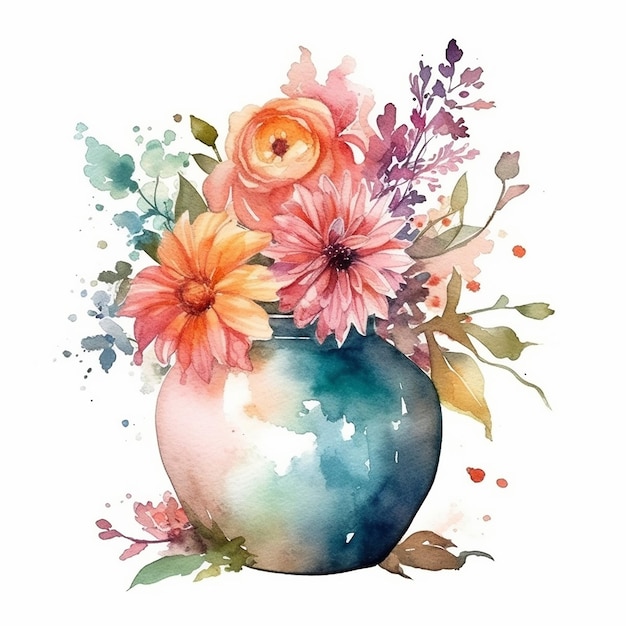 Peinture à l'aquarelle d'un vase avec des fleurs et des feuilles