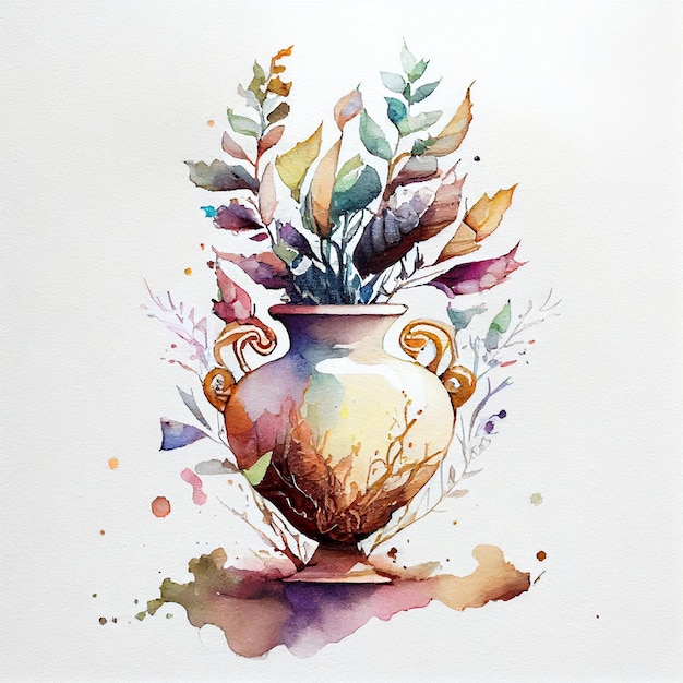 Une peinture à l'aquarelle d'un vase avec des fleurs et des feuilles.