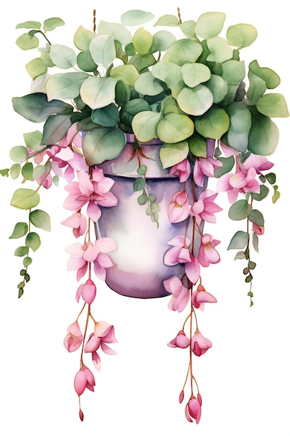 Une peinture à l'aquarelle d'un vase avec des fleurs et des feuilles.