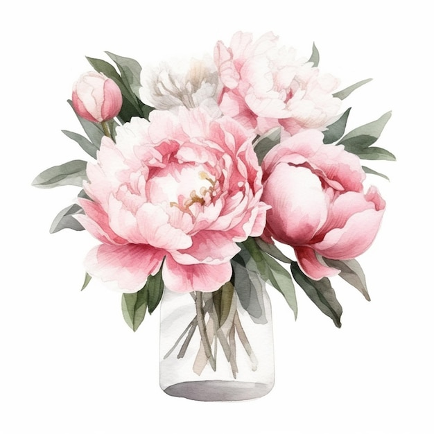 Une peinture à l'aquarelle d'un vase de pivoines avec des feuilles et des fleurs.