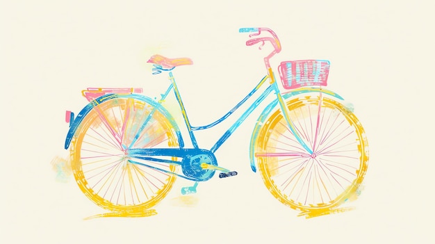 Une peinture à l'aquarelle d'un vélo avec un panier sur le devant Le vélo est bleu et jaune et le panier est rose