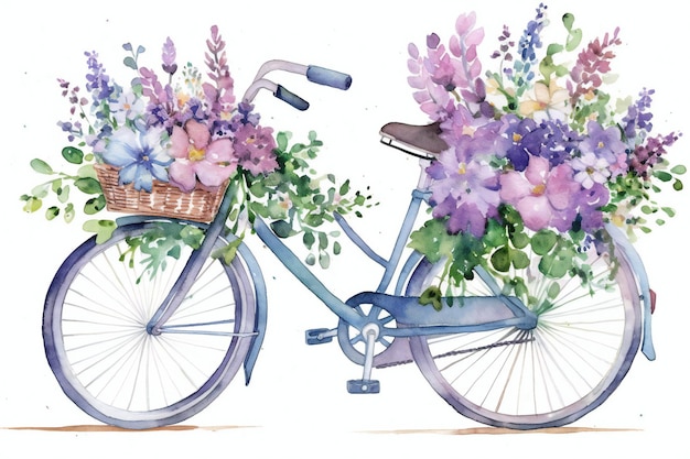 Une peinture à l'aquarelle d'un vélo avec un panier plein de fleurs.