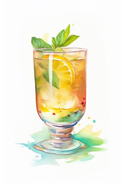 Peinture à l'aquarelle d'un verre de limonade avec des feuilles de menthe.