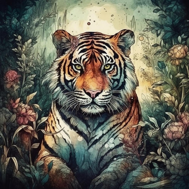 Peinture à l'aquarelle d'un vieux tigre