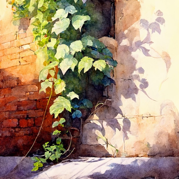 Une peinture à l'aquarelle d'une vigne sur un mur de briques.