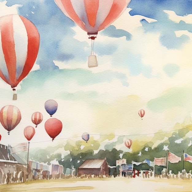 Une peinture à l'aquarelle d'une ville avec un panneau disant "ballons à air chaud".