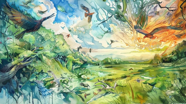 Peinture à l'aquarelle vivante représentant un paysage coloré luxuriant avec divers oiseaux en vol sous un ciel dynamique et lumineux