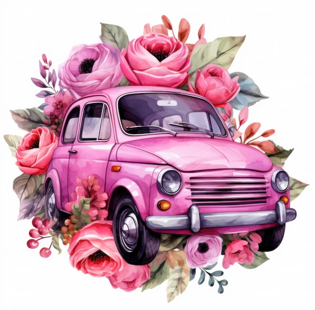 peinture à l'aquarelle sur la voiture avec des fleurs isolées