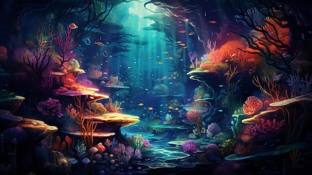 une peinture d'un aquarium avec un aquarium et l'océan en dessous.