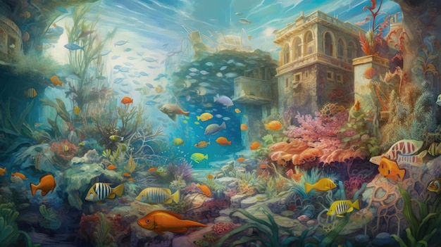 Une peinture d'un aquarium avec un bâtiment en arrière-plan.