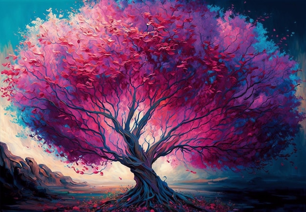 Une peinture d'un arbre avec un arbre rose au milieu.