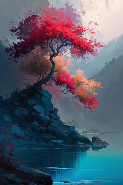 Une peinture d'un arbre au bord du lac