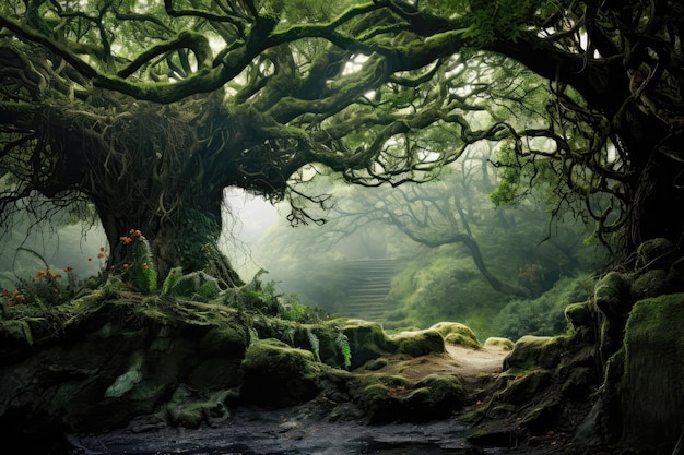 Une peinture d'un arbre au milieu d'une forêt