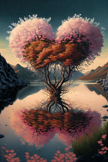 Peinture d'un arbre au milieu d'un lac Generative Ai