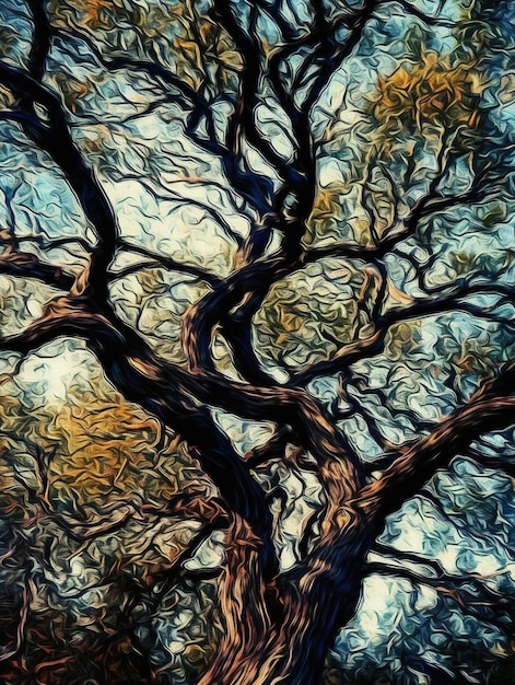 Une peinture d'un arbre aux branches tordues.