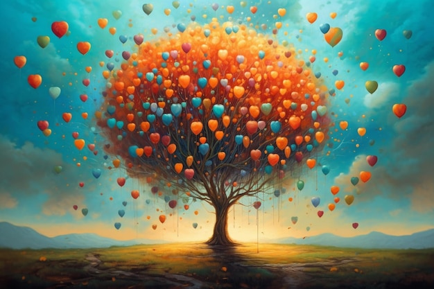 Une peinture d'un arbre avec un ballon en forme de coeur dessus