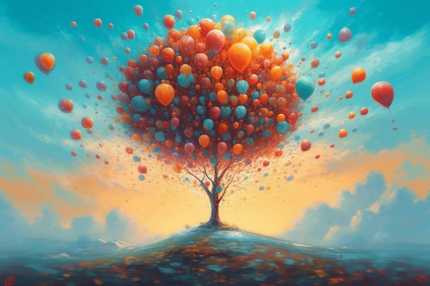 Une peinture d'un arbre avec des ballons dessus