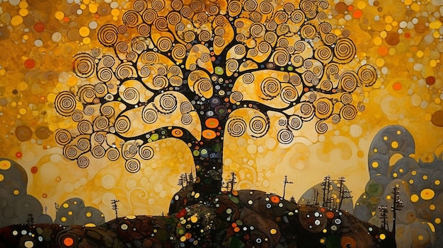 Une peinture d'un arbre avec des cercles dessus