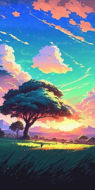 Une peinture d'un arbre avec le ciel en arrière-plan