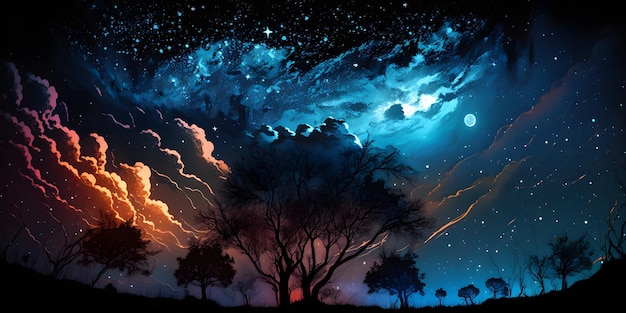 Une peinture d'un arbre avec un ciel bleu et des éclairs.