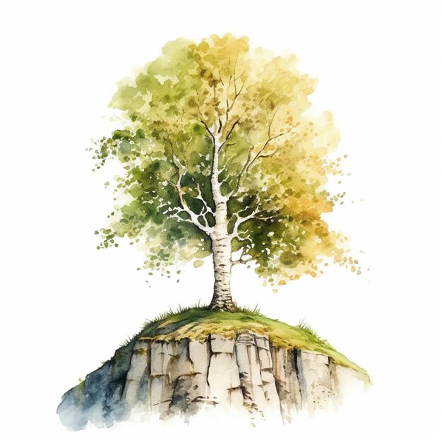 Photo une peinture d'un arbre sur une colline avec un fond blanc génératif ai