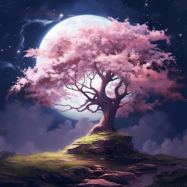 peinture d'un arbre sur une colline avec une pleine lune en arrière-plan IA générative