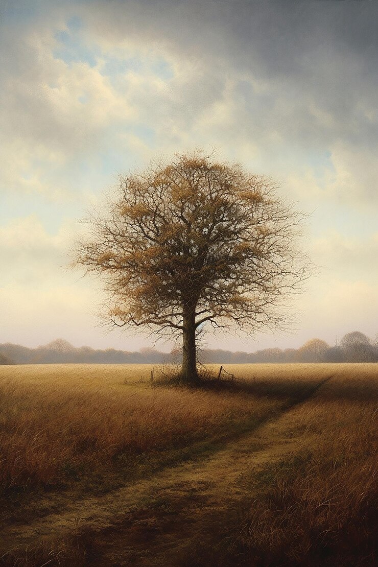 Photo une peinture d'un arbre dans un champ avec un ciel nuageux.