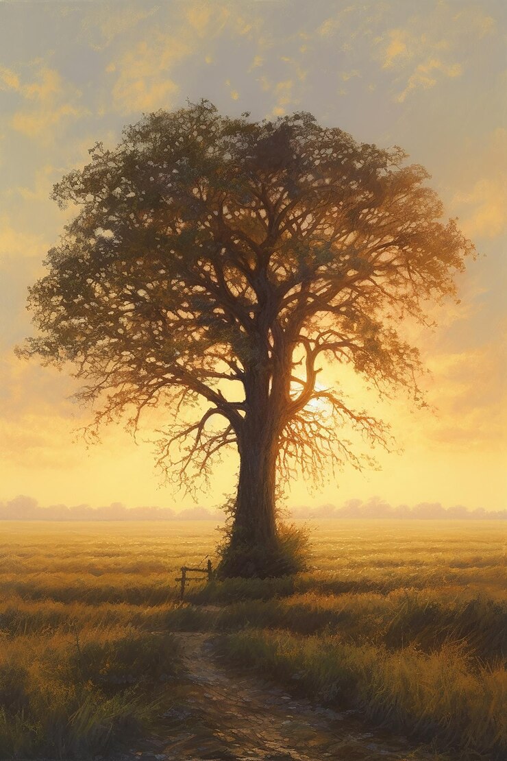 Photo une peinture d'un arbre dans un champ avec le soleil se couchant derrière lui.