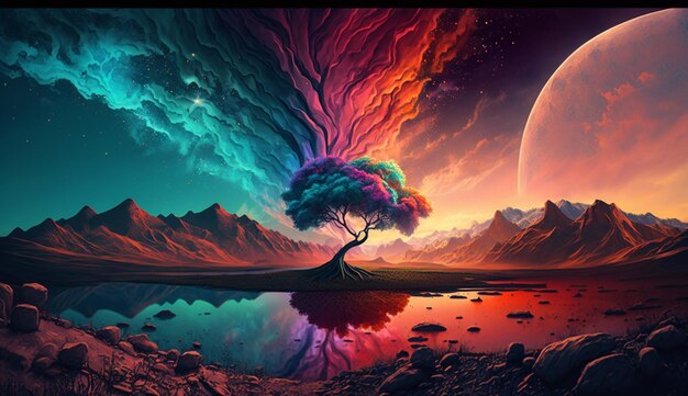 Photo peinture d'un arbre dans un désert avec un ciel coloré ai générative