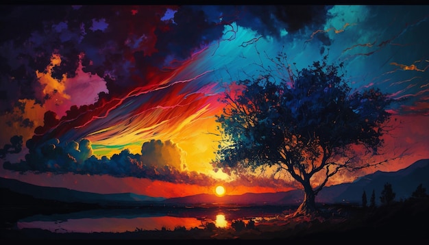 Une peinture d'un arbre et du soleil