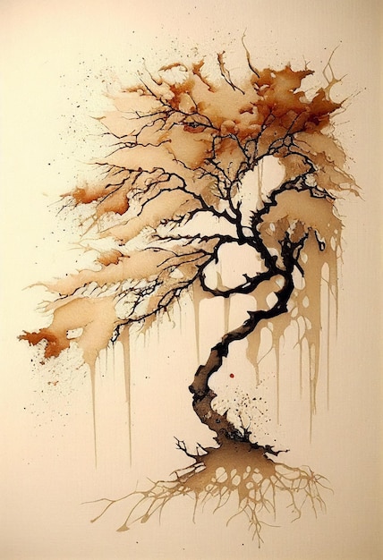 peinture d'un arbre avec des feuilles brunes et de la peinture brune dessus IA générative
