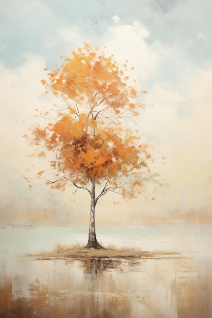 Peinture d'un arbre avec des feuilles d'orange sur un lac
